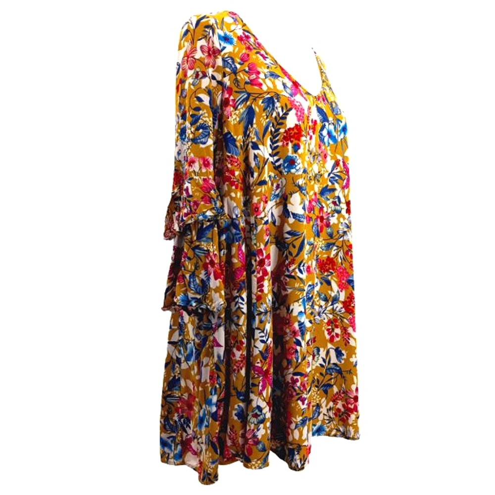 VICI ENTRO Tropical Vibe Cut Out Back Floral Print Tiered Sleeve Tunic Dress L - Picture 3 of 16